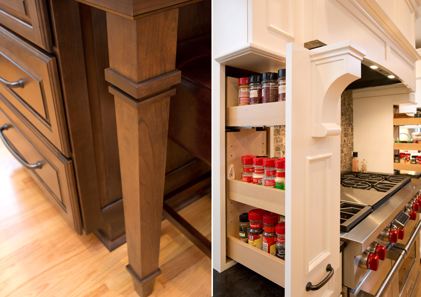 Twin pull out spice racks and island leg close-up