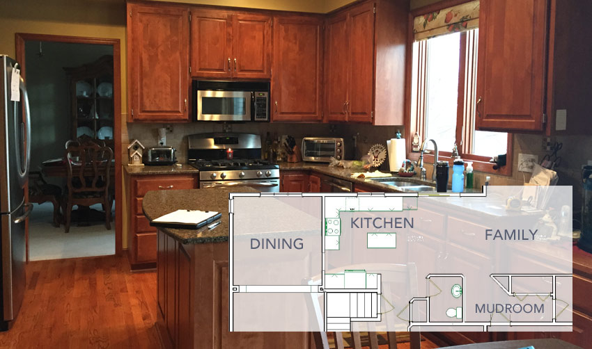 Kitchen with wood cabinets and blueprint layout