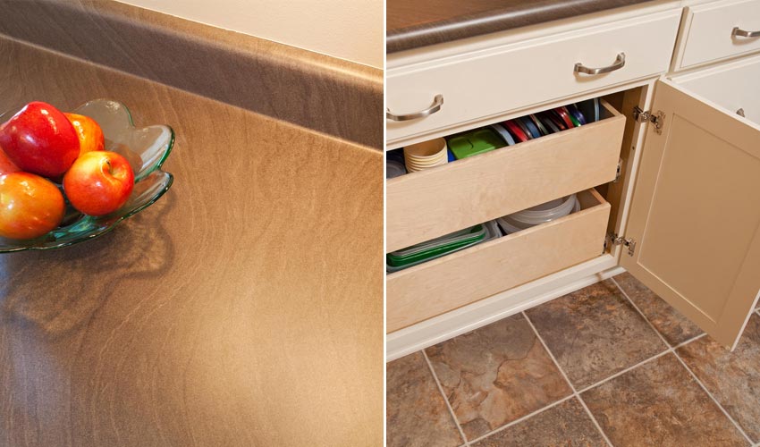 Close up of countertop and opened cabinet