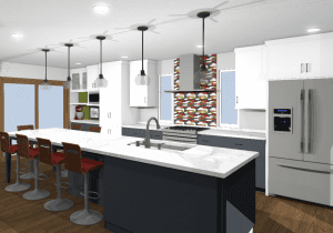 Kitchen with island counter and multicolor backsplash and white cabinets