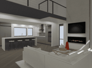 Living room with kitchen background and balcony render 