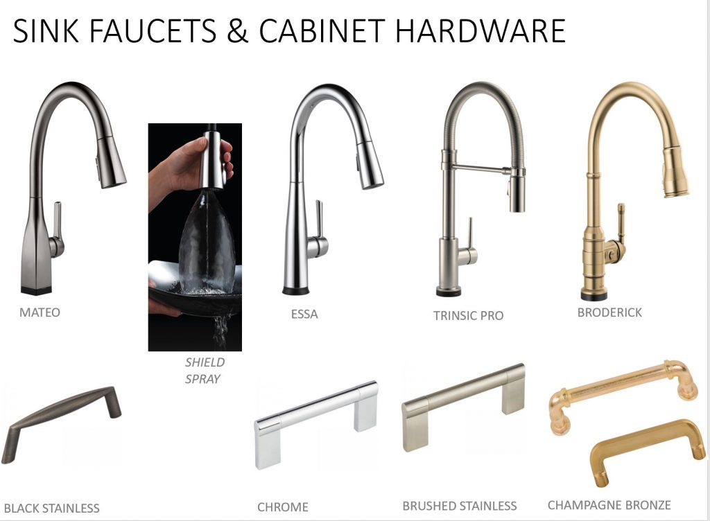 a showcase of various types of faucets and hardware, include: mateo, shield spray, essa, trinsic pro and broderick in black stainless, chrome, brushed stainless or champagne bronze